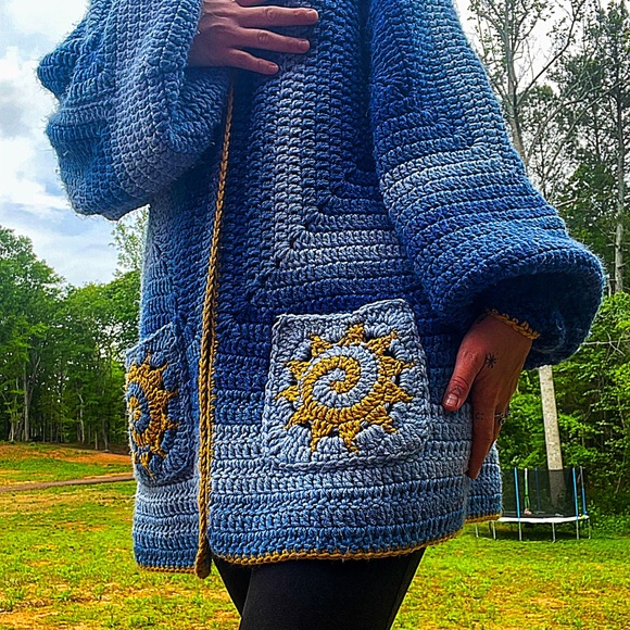 Crochet Blue and Gold Handcrafted cardigan - Picture 1 of 5